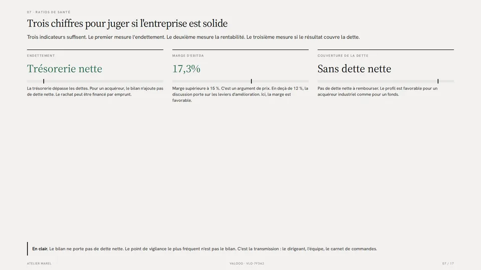 Page des ratios de santé : endettement, marge et couverture de la dette